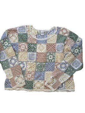 Papillon Los Angeles Crochet Granny Square Long Sleeve Top Vintage Womens Medium